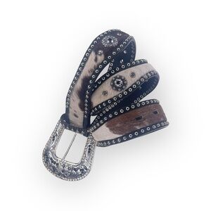 new Nocona ✵ Crystal Calf Hair Scalloped Western Leather Belt✵ Silver Brown 34